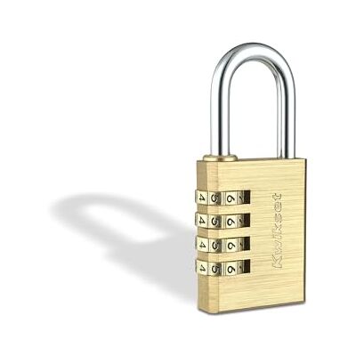 Kwikset Candado de combinación de 4 dígitos reajustable de latón, para interiores y exteriores, cuerpo de 1-1/2 pulgadas, grillete de 1-3/16 pulgadas, 1 paquete, latón Kwikset Candado de combinación de 4 dígitos reajustable de latón, para interiores y exteriores, cuerpo de 1-1/2 pulgadas, grillete de 1-3/16 pulgadas, 1 paquete, latón