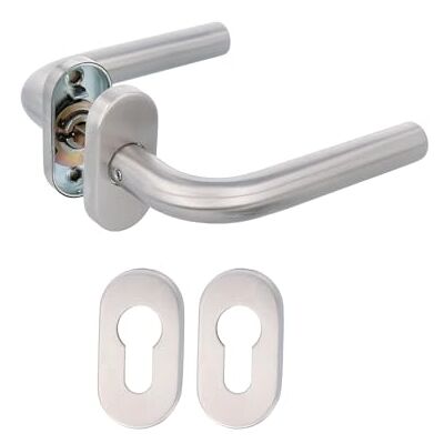 Amig Juego de manillas Modelo 4 “O” con placa ovalada Acero inoxidable 18/8-136x19(diámetro) mm Roseta de acero niquelado de 65x31mm Amig Juego de manillas Modelo 4 “O” con placa ovalada Acero inoxidable 18/8-136x19(diámetro) mm Roseta de acero niquelado de 65x31mm