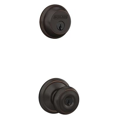 SCHLAGE FB50N V GEO 716 B60 Cerrojo de seguridad de un solo cilindro y perilla georgiana de entrada con llave F51 con llave igual, acabado de bronce envejecido SCHLAGE FB50N V GEO 716 B60 Cerrojo de seguridad de un solo cilindro y perilla georgiana de entrada con llave F51 con llave igual, acabado de bronce envejecido