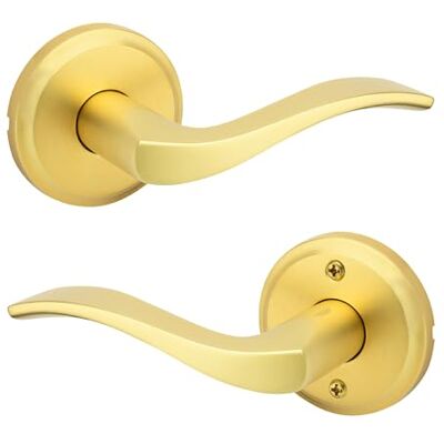 Kwikset Sedona Manija de puerta de paso interior, palanca para puertas de armario y pasillo, manija reversible sin bloqueo, latón satinado, con protección Microban Kwikset Sedona Manija de puerta de paso interior, palanca para puertas de armario y pasillo, manija reversible sin bloqueo, latón satinado, con protección Microban