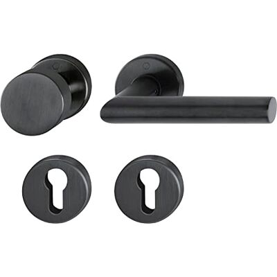 HOPPE Amsterdam – Manilla de puerta + pomo fijo en roseta redonda PZ para grosor de puerta 40 – 45 mm, acero inoxidable negro mate HOPPE Amsterdam – Manilla de puerta + pomo fijo en roseta redonda PZ para grosor de puerta 40 – 45 mm, acero inoxidable negro mate