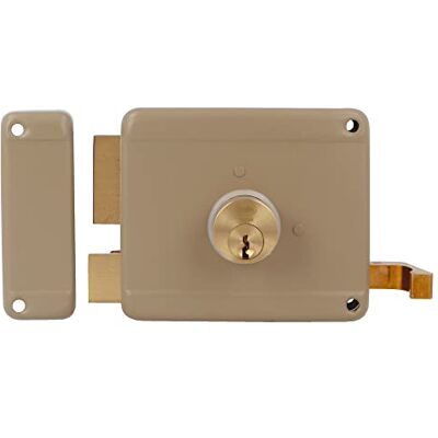 Amig Cerradura de Sobreponer de Izquierda con palanca de Cierre, Lengüeta y Tirador para Puertas de Madera Mod. 77-100 x 85 mm Pestillo con Cilindro Redondo de Serreta Acero Beige Amig Cerradura de Sobreponer de Izquierda con palanca de Cierre, Lengüeta y Tirador para Puertas de Madera Mod. 77-100 x 85 mm Pestillo con Cilindro Redondo de Serreta Acero Beige