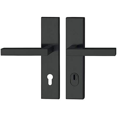 MARCHESI Malmö Juego de manillas de puerta y placa larga PZ 88 con protección central y pasador rápido RC3, acero inoxidable, color negro mate MARCHESI Malmö Juego de manillas de puerta y placa larga PZ 88 con protección central y pasador rápido RC3, acero inoxidable, color negro mate