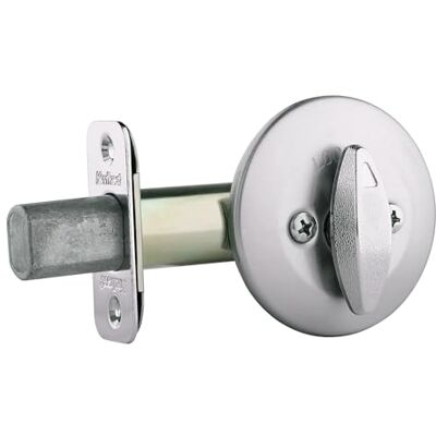 Kwikset Cerrojo de seguridad 663 sin llave, pieza de giro interior redonda de cromo satinado para puerta de entrada delantera, con pestillo y adaptador, sin montaje exterior Kwikset Cerrojo de seguridad 663 sin llave, pieza de giro interior redonda de cromo satinado para puerta de entrada delantera, con pestillo y adaptador, sin montaje exterior