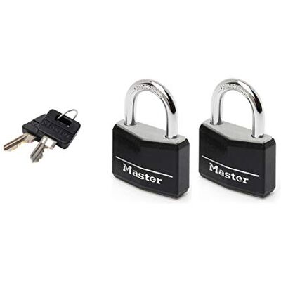 Master Lock Lote de 2 Candados con Llave con cuerpo de aluminio macizo revestido, Negro, 4 x 5.9 x 1.3 cm Master Lock Lote de 2 Candados con Llave con cuerpo de aluminio macizo revestido, Negro, 4 x 5.9 x 1.3 cm