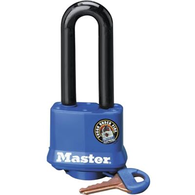 Master Lock CO Candado laminado de grillete largo de 1-1/2 pulgadas con cubierta azul resistente a la intemperie Master Lock CO Candado laminado de grillete largo de 1-1/2 pulgadas con cubierta azul resistente a la intemperie