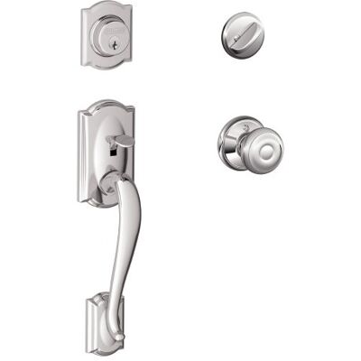 SCHLAGE Camelot Juego de manijas y pomo georgiano, cromo brillante SCHLAGE Camelot Juego de manijas y pomo georgiano, cromo brillante