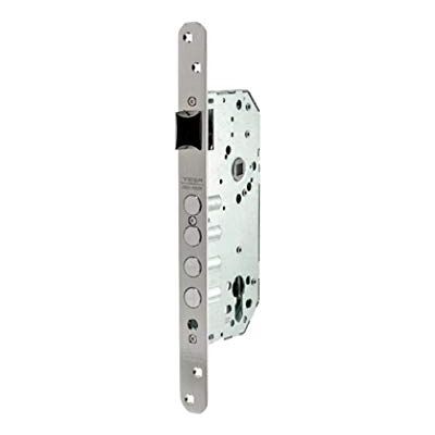 tesa Cerradura de seguridad monopunto de 4 bulones de cierre y picaporte, sin cilindro, frente redondeado, entrada de 50mm, escudo E300L, acabado acero cromado tesa Cerradura de seguridad monopunto de 4 bulones de cierre y picaporte, sin cilindro, frente redondeado, entrada de 50mm, escudo E300L, acabado acero cromado