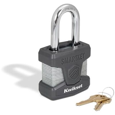 Kwikset SmartKey Re Candado de acero laminado con llave con grillete de carburo de boro, puerta al aire libre y cerradura de almacenamiento, cuerpo de 2 pulgadas, grillete de 1-1/2 pulgadas, 1 paquete Kwikset SmartKey Re Candado de acero laminado con llave con grillete de carburo de boro, puerta al aire libre y cerradura de almacenamiento, cuerpo de 2 pulgadas, grillete de 1-1/2 pulgadas, 1 paquete