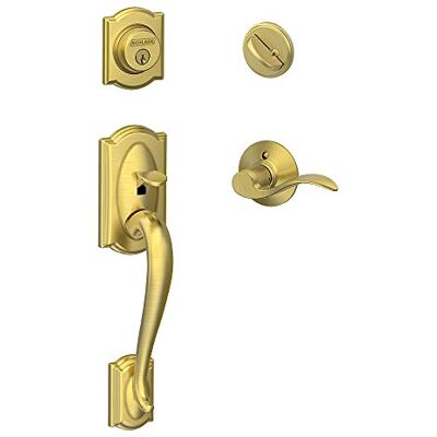 SCHLAGE Shlage Camelot Manija de un solo cilindro y palanca de acento para mano izquierda, latón satinado SCHLAGE Shlage Camelot Manija de un solo cilindro y palanca de acento para mano izquierda, latón satinado