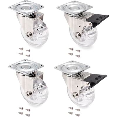 EMUCA Lote de 4 Ruedas pivotantes para Mueble Ø50mm con Placa de Montaje y rodamiento de Bolas, Ruedas de Goma para Muebles Color Transparente EMUCA Lote de 4 Ruedas pivotantes para Mueble Ø50mm con Placa de Montaje y rodamiento de Bolas, Ruedas de Goma para Muebles Color Transparente