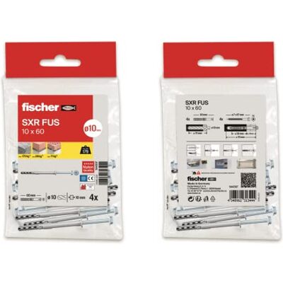 fischer Tacos largos pared, tacos nylon con tornillo SXR 8X80 con cabeza avellanada para estructuras metálicas y de madera, Bolsa 16 uds fischer Tacos largos pared, tacos nylon con tornillo SXR 8X80 con cabeza avellanada para estructuras metálicas y de madera, Bolsa 16 uds