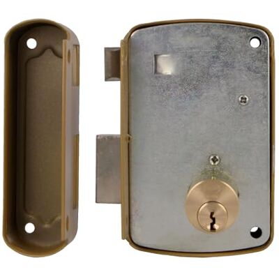 Amig Cerradura de Sobreponer de Derecha con Palanca de Cierre, Lengüeta y Tirador para Puertas de Madera Mod. 76 x 120 mm Cilindro Redondo de Seguridad Acero Dorado Amig Cerradura de Sobreponer de Derecha con Palanca de Cierre, Lengüeta y Tirador para Puertas de Madera Mod. 76 x 120 mm Cilindro Redondo de Seguridad Acero Dorado
