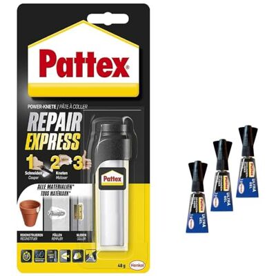 Pattex Henkel Powerknete Repair Express 1 x 48 g de masilla adhesiva para pegar y reparar y 3 x 1 g de superglue Ultra Gel, adhesivo de resina epoxi, se puede pintar y lijar Pattex Henkel Powerknete Repair Express 1 x 48 g de masilla adhesiva para pegar y reparar y 3 x 1 g de superglue Ultra Gel, adhesivo de resina epoxi, se puede pintar y lijar