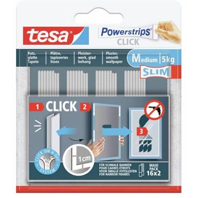 tesa Powerstrips CLICK Slim 16 x 2 unidades Almohadillas de gancho y bucle para cuadros y decoración sin taladrar sistema ON & OFF Click tesa Powerstrips CLICK Slim 16 x 2 unidades Almohadillas de gancho y bucle para cuadros y decoración sin taladrar sistema ON & OFF Click
