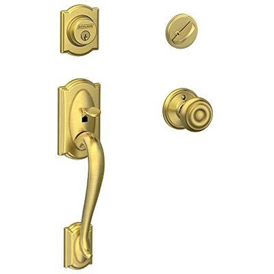 SCHLAGE Camelot Juego de manijas de cilindro único y perilla georgiana, latón satinado SCHLAGE Camelot Juego de manijas de cilindro único y perilla georgiana, latón satinado