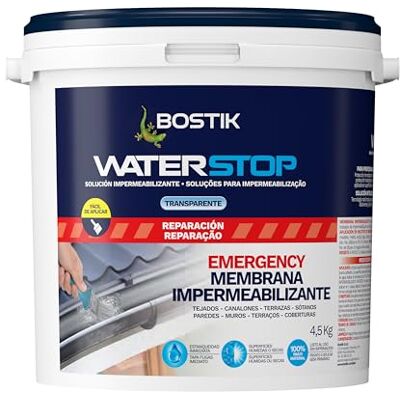 Bostik Waterstop Impermeabilizante de Reparación Transparente Estanqueidad Inmediata, Superficies Húmedas o Secas, sin Imprimación, Multimaterial, Fácil de Aplicar, Interior y Exterior, Bote 4,5 kg Bostik Waterstop Impermeabilizante de Reparación Transparente Estanqueidad Inmediata, Superficies Húmedas o Secas, sin Imprimación, Multimaterial, Fácil de Aplicar, Interior y Exterior, Bote 4,5 kg