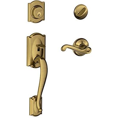 SCHLAGE Camelot Lock Company Juego de manijas de cilindro único y palanca de mano derecha, latón antiguo SCHLAGE Camelot Lock Company Juego de manijas de cilindro único y palanca de mano derecha, latón antiguo