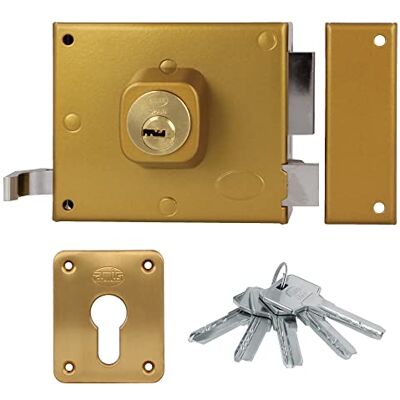 Amig Cerradura de Sobreponer de Derecha con Palanca de Cierre, Lengüeta y Tirador para Puertas de Madera Mod. , 100 x 85 mm, Pestillo Con Cilindro Europerfil, Acero Dorado Amig Cerradura de Sobreponer de Derecha con Palanca de Cierre, Lengüeta y Tirador para Puertas de Madera Mod. , 100 x 85 mm, Pestillo Con Cilindro Europerfil, Acero Dorado