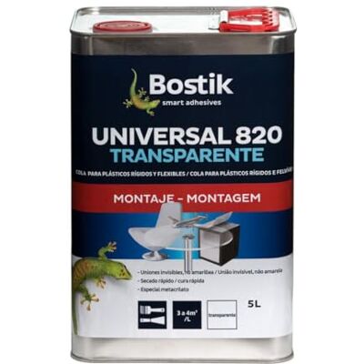 Bostik UNIVERSAL 820 Transparente, Adhesivo Universal, Agarre Inmediato y Definitivo, Adhesivo de Contacto Flexible e Invisible, Polivalente, Secado Rápido, Especial Pegado de Plásticos, Bote 5 l Bostik UNIVERSAL 820 Transparente, Adhesivo Universal, Agarre Inmediato y Definitivo, Adhesivo de Contacto Flexible e Invisible, Polivalente, Secado Rápido, Especial Pegado de Plásticos, Bote 5 l