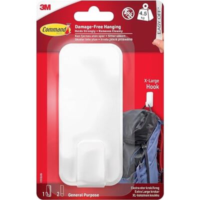 3M Command Gancho utilitario, extragrande para peso pesado, 1 gancho en blanco y 2 tiras adhesivas para interiores y otros artículos de hasta 10 libras, sin clavos, sin agujeros, sin taladrar 3M Command Gancho utilitario, extragrande para peso pesado, 1 gancho en blanco y 2 tiras adhesivas para interiores y otros artículos de hasta 10 libras, sin clavos, sin agujeros, sin taladrar