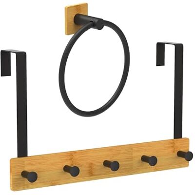 Relaxdays Perchero de Puerta y Anilla para Toalla, Metal, bambú,5 Ganchos, toallero Adhesivo sin taladrar, Negro/Natural Relaxdays Perchero de Puerta y Anilla para Toalla, Metal, bambú,5 Ganchos, toallero Adhesivo sin taladrar, Negro/Natural