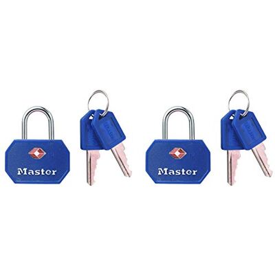 Master Lock Envase da 2 Candados para Equipaje Aprobado por la TSA con Llaves, Azul o roja, 4 x 3 x 2,2 cm Master Lock Envase da 2 Candados para Equipaje Aprobado por la TSA con Llaves, Azul o roja, 4 x 3 x 2,2 cm