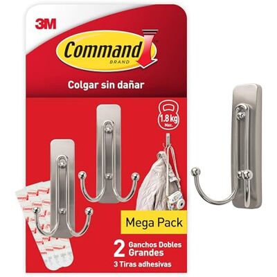 Gancho adhesivo doble de níquel COMMAND - Montaje en pared o puerta - Almacenamiento de sombreros, bolsos, ropa Gancho adhesivo doble de níquel COMMAND - Montaje en pared o puerta - Almacenamiento de sombreros, bolsos, ropa