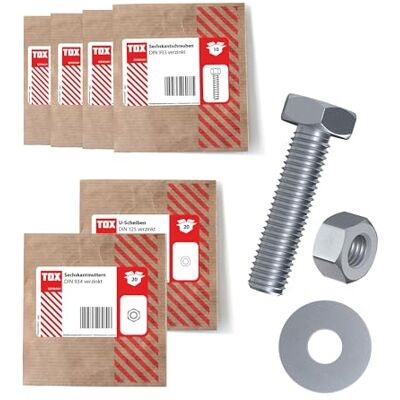 TOX Juego (100 piezas) con tornillos hexagonales en 3 tamaños, tuerca hexagonal M6 y arandela de 6,4 mm, galvanizado, tornillos, tuercas y arandela en juego, embalaje de papel, TOX Juego (100 piezas) con tornillos hexagonales en 3 tamaños, tuerca hexagonal M6 y arandela de 6,4 mm, galvanizado, tornillos, tuercas y arandela en juego, embalaje de papel,