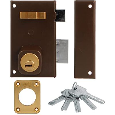Amig Cerradura de Sobreponer de Derecha con Palanca de Cierre Tirador para Puertas de Madera Mod. 67 x 112 mm Cilindro Redondo de Seguridad Acero Marrón Amig Cerradura de Sobreponer de Derecha con Palanca de Cierre Tirador para Puertas de Madera Mod. 67 x 112 mm Cilindro Redondo de Seguridad Acero Marrón