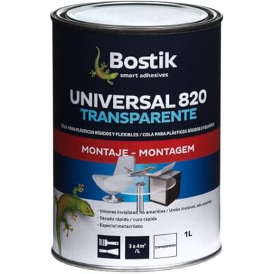 Bostik UNIVERSAL 820 Transparente, Adhesivo Universal, Agarre Inmediato y Definitivo, Adhesivo de Contacto Flexible e Invisible, Polivalente, Secado Rápido, Especial Pegado de Plásticos, Bote 1 l Bostik UNIVERSAL 820 Transparente, Adhesivo Universal, Agarre Inmediato y Definitivo, Adhesivo de Contacto Flexible e Invisible, Polivalente, Secado Rápido, Especial Pegado de Plásticos, Bote 1 l