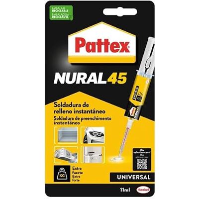 Pattex Nural 45 Adhesivo universal bicomponente con poder de relleno, soldadura de relleno instantáneo, adhesivo de montaje para unión fuerte en jeringa, 1 x 11 g Pattex Nural 45 Adhesivo universal bicomponente con poder de relleno, soldadura de relleno instantáneo, adhesivo de montaje para unión fuerte en jeringa, 1 x 11 g
