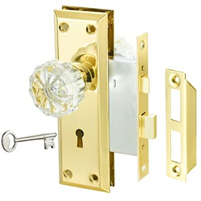 newliplace Juego de cerradura de mortaja con perilla de cristal, pomos de puerta antiguos dorados con cerradura y llave, se adapta a puerta interior, acabado de latón pulido newliplace Juego de cerradura de mortaja con perilla de cristal, pomos de puerta antiguos dorados con cerradura y llave, se adapta a puerta interior, acabado de latón pulido