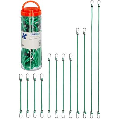 Relaxdays Pulpos Elásticos Ganchos para Equipaje, Set de 12, Tensores de Bicicleta, 4 Tamaños, Cuerdas Sujeción, Verde Relaxdays Pulpos Elásticos Ganchos para Equipaje, Set de 12, Tensores de Bicicleta, 4 Tamaños, Cuerdas Sujeción, Verde