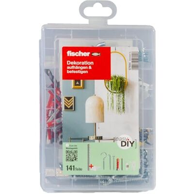 fischer EasyDIY Caja decorativa con ganchos, tornillos, tacos y más, ideal para los entusiastas del bricolaje para fijar ideas creativas de decoración, juego preclasificado en caja de plástico, 141 fischer EasyDIY Caja decorativa con ganchos, tornillos, tacos y más, ideal para los entusiastas del bricolaje para fijar ideas creativas de decoración, juego preclasificado en caja de plástico, 141