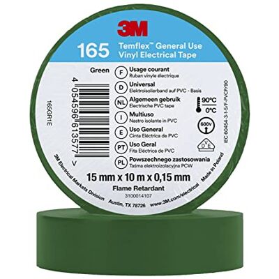 3M Temflex Cinta eléctrica de vinilo 165, verde, 15 mm x 10 m, 100 rollos/caja 3M Temflex Cinta eléctrica de vinilo 165, verde, 15 mm x 10 m, 100 rollos/caja