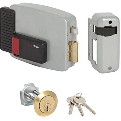 Cisa 1501, Cerradura eléctrica para aplicar, 12 V, barnizado gris aluminio, entrada 50, mano derecha, cilindro estándar Cisa 1501, Cerradura eléctrica para aplicar, 12 V, barnizado gris aluminio, entrada 50, mano derecha, cilindro estándar
