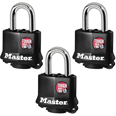 Master Lock 311TRI Candado de acero laminado con llave igual, paquete de 3, color negro Master Lock 311TRI Candado de acero laminado con llave igual, paquete de 3, color negro