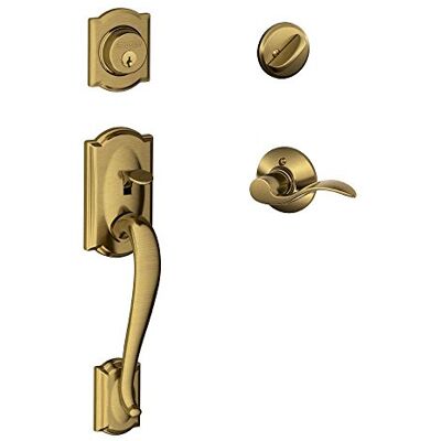 SCHLAGE Camelot Juego de manijas de un solo cilindro y palanca de acento izquierda, latón antiguo () Lock Company SCHLAGE Camelot Juego de manijas de un solo cilindro y palanca de acento izquierda, latón antiguo () Lock Company