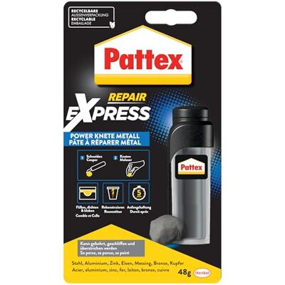 Pattex Powerknete Repair Express Metal, 48 g de pasta de modelar de color metálico para pegar y reparar, pegamento de resina epoxi para muchos materiales, pasta pintable Pattex Powerknete Repair Express Metal, 48 g de pasta de modelar de color metálico para pegar y reparar, pegamento de resina epoxi para muchos materiales, pasta pintable