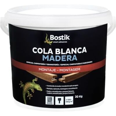 Bostik COLA BLANCA MADERA, Especial Carpintería y Ebanistería, Translúcido al Secado, Montaje y Aplacado, para Madera, Estratificados y Parquet Flotante, Apta para Tejidos, Polivalente, Bote 20 kg Bostik COLA BLANCA MADERA, Especial Carpintería y Ebanistería, Translúcido al Secado, Montaje y Aplacado, para Madera, Estratificados y Parquet Flotante, Apta para Tejidos, Polivalente, Bote 20 kg
