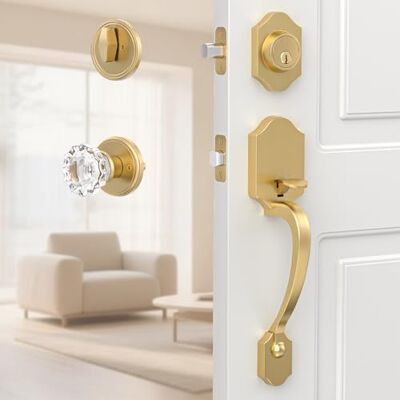 newliplace Juego de cerradura de puerta delantera, manija de puerta delantera dorada con cerrojo de un solo cilindro y perilla de cristal, reversible para puerta izquierda y derecha, acabado de latón newliplace Juego de cerradura de puerta delantera, manija de puerta delantera dorada con cerrojo de un solo cilindro y perilla de cristal, reversible para puerta izquierda y derecha, acabado de latón