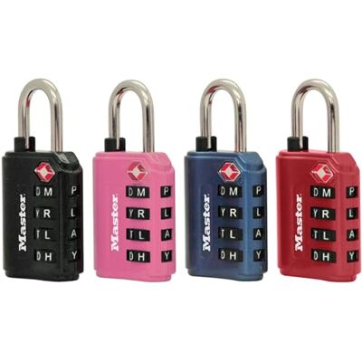Master Lock Cerradura de combinación de palabras aprobada por la TSA, 1 paquete, colores surtidos, negro, rosa, azul o rojo, paquete de 1 Master Lock Cerradura de combinación de palabras aprobada por la TSA, 1 paquete, colores surtidos, negro, rosa, azul o rojo, paquete de 1
