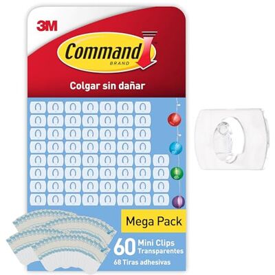 Command Clips de decoración transparentes con tiras transparentes , 60 clips + 68 tiras/paquete Command Clips de decoración transparentes con tiras transparentes , 60 clips + 68 tiras/paquete