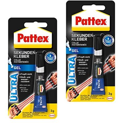 Pattex superglue Ultra Gel, 2x 3 g superglue extra fuerte y flexible, pegamento de reparación resistente a los golpes y al agua con consistencia de gel para, por ejemplo, goma, cuero, madera Pattex superglue Ultra Gel, 2x 3 g superglue extra fuerte y flexible, pegamento de reparación resistente a los golpes y al agua con consistencia de gel para, por ejemplo, goma, cuero, madera