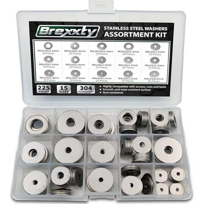 Brexxty Arandelas planas para tornillos y pernos: surtido de 225 arandelas de guardabarros en 15 tamaños diferentes (M3, M4, M5, M6, M8, M10 y M12), para uso doméstico y industrial Brexxty Arandelas planas para tornillos y pernos: surtido de 225 arandelas de guardabarros en 15 tamaños diferentes (M3, M4, M5, M6, M8, M10 y M12), para uso doméstico y industrial