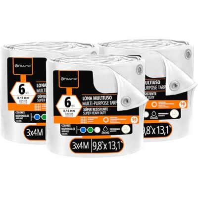 OFITURIA Lona Multiuso Impermeable 3 x 4 m Blanco, Pack 3 uds, Ideal para Cubrir y Proteger Muebles y Equipos en Exterior, jardín, Camping y Obras (3x4m, 3 uds) OFITURIA Lona Multiuso Impermeable 3 x 4 m Blanco, Pack 3 uds, Ideal para Cubrir y Proteger Muebles y Equipos en Exterior, jardín, Camping y Obras (3x4m, 3 uds)