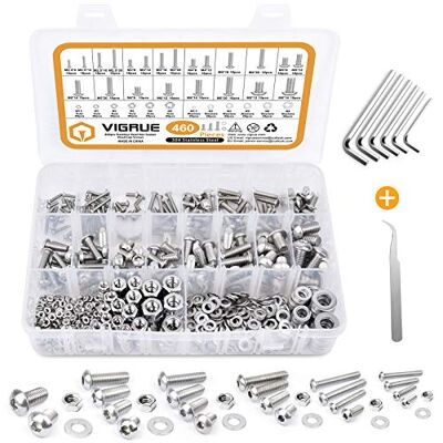 VIGRUE Juego de tornillos y tuercas, M2.5, M3, M4, M5, M6, M8, tornillos hexagonales de acero inoxidable, tuercas y arandelas, surtido con caja de almacenamiento y llaves VIGRUE Juego de tornillos y tuercas, M2.5, M3, M4, M5, M6, M8, tornillos hexagonales de acero inoxidable, tuercas y arandelas, surtido con caja de almacenamiento y llaves
