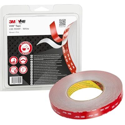 3M VHB Cinta Adhesiva unión permanente diseñada para unir plásticos LSE como polipropileno, TPO, TPE y materiales compuestos sin imprimación-19mm X 11m, blanca, espesor 1.1mm 3M VHB Cinta Adhesiva unión permanente diseñada para unir plásticos LSE como polipropileno, TPO, TPE y materiales compuestos sin imprimación-19mm X 11m, blanca, espesor 1.1mm