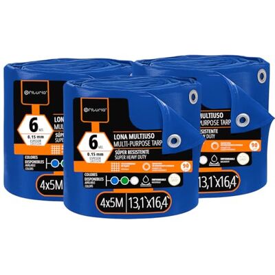 OFITURIA Lona Multiuso Impermeable 4 x 5 m Azul, Pack 3 uds, Ideal para Cubrir y Proteger Muebles, Suelos y Equipos en Exterior, jardín, Camping y Obras (4x5m, 3 uds) OFITURIA Lona Multiuso Impermeable 4 x 5 m Azul, Pack 3 uds, Ideal para Cubrir y Proteger Muebles, Suelos y Equipos en Exterior, jardín, Camping y Obras (4x5m, 3 uds)